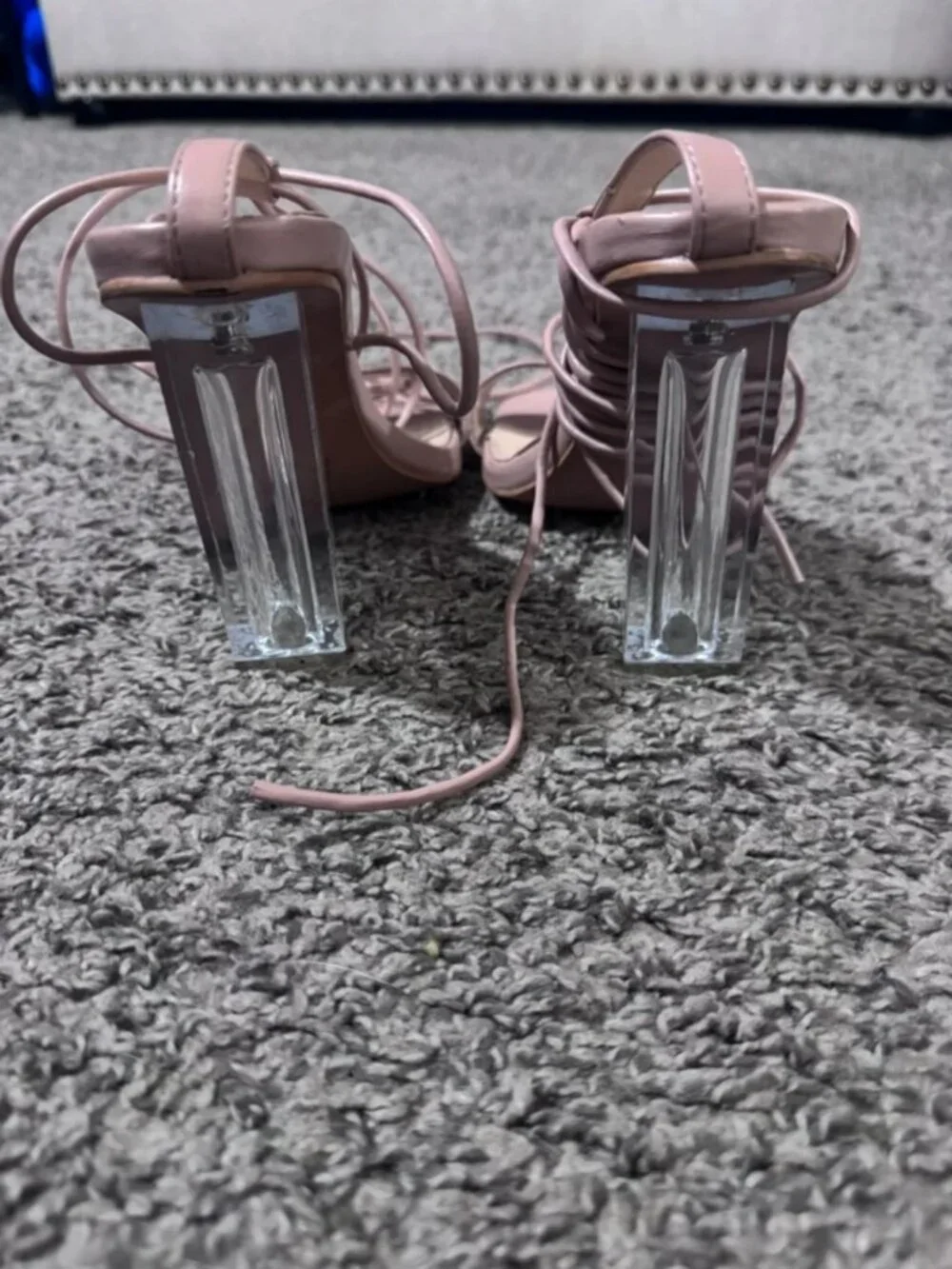 Nude Blush Pink Strappy Lace-Up Square Toe Heels